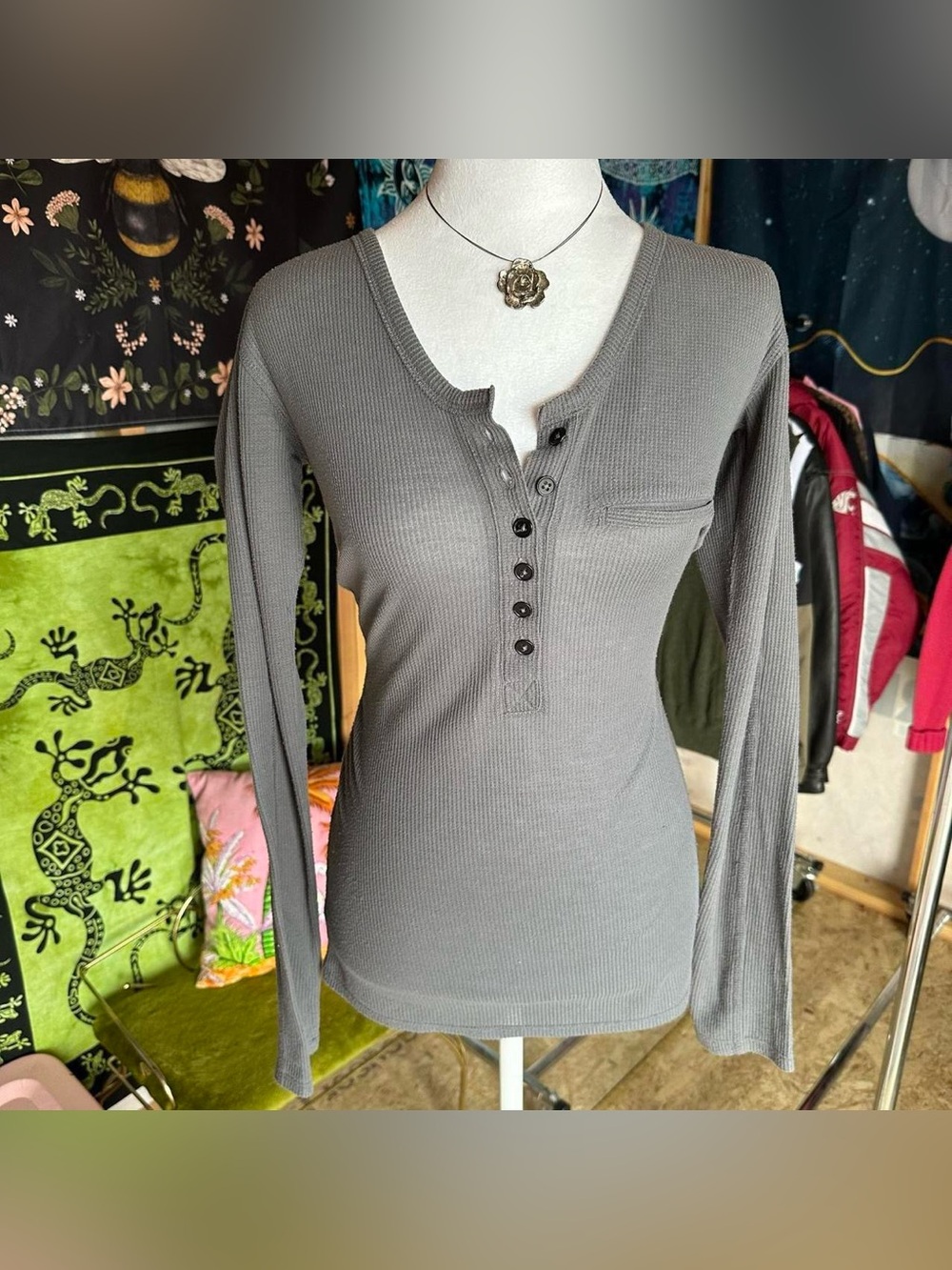 Alexander Wang Gray Ribbed Henley Long-Sleeve Top